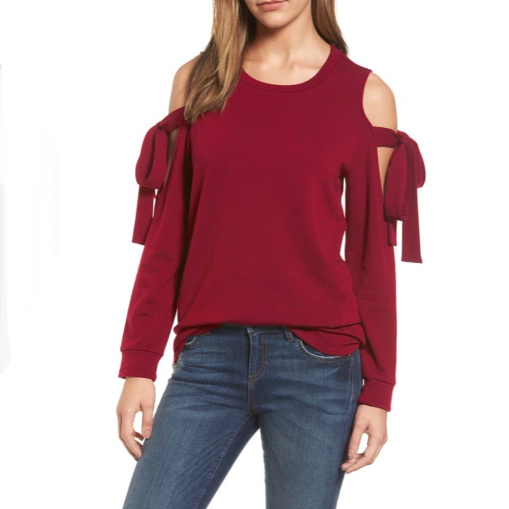 Pleione Cold Shoulder Tie Sleeve Sweatshirt